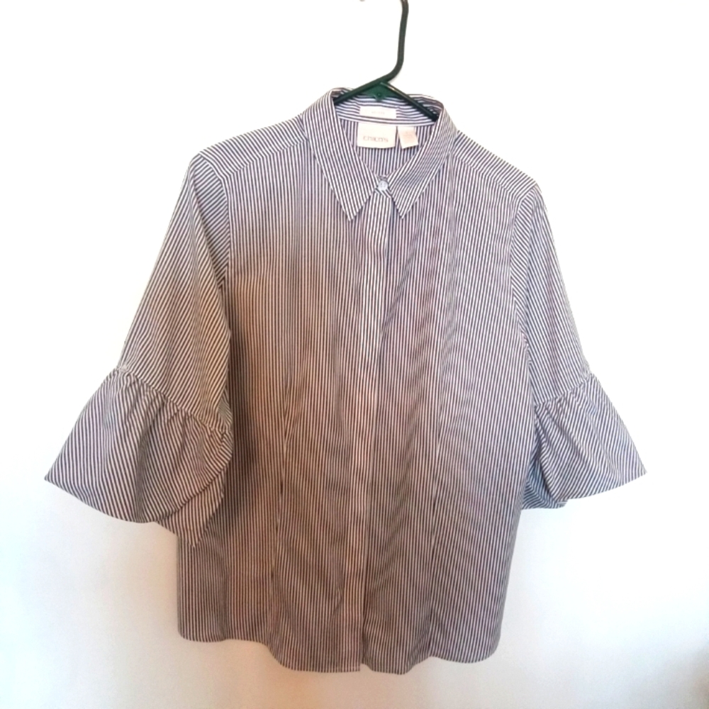 Chico's Women's Grey & White Striped Cotton Button Up Shirt Sleeve Detail Large